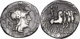 M. Acilius M.f. AR Denarius, 130 BC. Cr. 255/1; B. 4. AR. 3.75 g. 18.00 mm. Brilliant and nicely toned. VF.