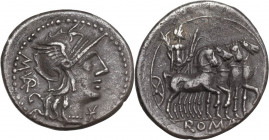 M. Vargunteius. AR Denarius, 130 BC. Cr. 257/1; B. 1. AR. 3.77 g. 21.00 mm. Broad flan, toned. Good VF.