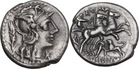 Cn. Domitius Ahenobarbus. AR Denarius, 128 BC. Cr. 261/1; B. 14. AR. 3.90 g. 17.50 mm. A handsome example, sharply struck and prettily toned. Good VF.