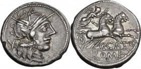 C. Cato. AR Denarius, 123 BC. Cr. 274/1; B. (Porcia) 1. AR. 3.90 g. 19.00 mm. Perfectly centred, lovely iridescent old cabinet tone. Good VF/About EF.