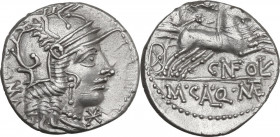 Cn. Fulvius, M. Calidius and Q. Metellus. AR Denarius, 117-116 BC. Cr. 284/1b; B. 1. AR. 3.78 g. 18.50 mm. Reverse a little off centre and slightly po...