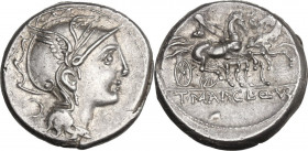 T. Manlius Mancinus, Appius Claudius Pulcher and Q. Urbinius. AR Denarius, 111-110 BC. Cr. 299/1b; B. 2. AR. 3.96 g. 17.00 mm. Sound metal and full we...