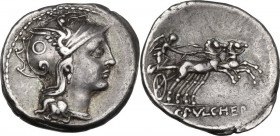 C. Claudius Pulcher. AR Denarius, 110 or 109 BC. Cr. 300/1; B. 1. AR. 3.89 g. 18.50 mm. Sound metal. Brilliant and nicely toned, with iridescent hues....