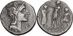 P. Laeca. AR Denarius, c. 110-109 B.C. Cr. 301/1; B. (Porcia) 4. AR. 3.79 g. 17.50 mm. Minor scratches and marks, otherwise. VF.