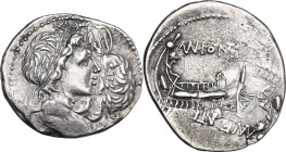 Mn. Fonteius. AR Denarius, 108-107 BC. Cr. 307/1c; B. 7. AR. 3.79 g. 21.00 mm. Dramatic rotated double strike. VF. On this interesting double-struck c...