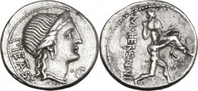 M. Herennius. AR Denarius, 108-107 BC. Cr. 308/1a; B. 1. AR. 3.94 g. 18.00 mm. A choice example of full weight and perfectly centred, brilliant and li...