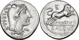 L. Thorius Balbus. AR Denarius, 105 BC. Cr. 316/1; B. 1. AR. 3.87 g. 19.00 mm. Choice, brilliant and lightly toned. About EF.