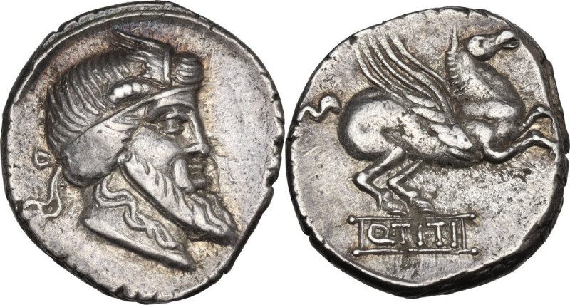 Q. Titius. AR Denarius, 90 BC. Cr. 341/1; B. 1. AR. 3.83 g. 17.50 mm. Choice, of...