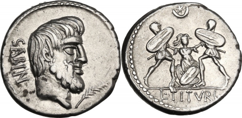 L. Titurius L. f. Sabinus. AR Denarius, 89 BC. Cr. 344/2b; B. 4. AR. 3.96 g. 18....