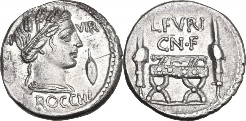 L. Furius Cn. f. Brocchus. AR Denarius, 63 BC. Cr. 414/1; B. 23. AR. 3.81 g. 18....