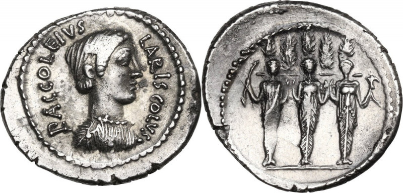 P. Accoleius Lariscolus. AR Denarius, 43 BC. Cr. 486/1; B. 1. AR. 3.87 g. 20.00 ...