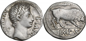 Augustus (27 BC - 14 AD). AR Denarius, Lugdunum mint, 15 BC. RIC I (2nd ed.) 167a. AR. 3.75 g. 18.70 mm. Lovely delicate patina with golden hues. Good...