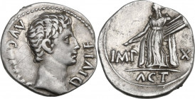 Augustus (27 BC - 14 AD). AR Denarius, 15-13 BC. Lugdunum mint. RIC I (2nd ed.) 171a. AR. 3.77 g. 19.00 mm. Faint graffiti on obverse. Good VF/About E...