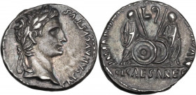 Augustus (27 BC - 14 AD). AR Denarius, Lugdunum mint, c. 2 BC-4 AD. RIC I (2nd ed.) 207. AR. 3.82 g. 18.00 mm. Superb portrait, lovely iridescent old ...