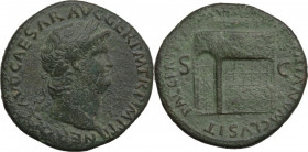 Nero (54-68). AE Sestertius, Rome mint, 65 AD. RIC I (2nd ed.) 268. AE. 21.03 g. 34.00 mm. Superb portrait. Olive green patina. Slightly rough surface...