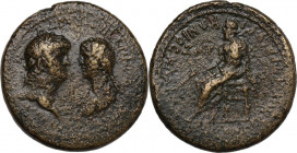 Nero (54-68) with Poppaea. AE 24 mm. Smyrna mint, Ionia. RPC I 2482. AE. 10.19 g. 24.50 mm. RR. Very rare. Slightly rough surfaces, reddish brown pati...