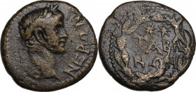 Nero (54-68). AE 18 mm. Tabae mint, Caria. RPC I 2872; SNG Cop. 551; SNG von Aulock 2714. AE. 4.32 g. 18.00 mm. R. Rare. Glossy brown patina. VF.