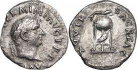 Vitellius (69 AD). AR Denarius, struck circa late April–20 December 69 AD. RIC I (2nd ed.) 109. AR. 2.88 g. 19.00 mm. R. Rough surfaces. VF.