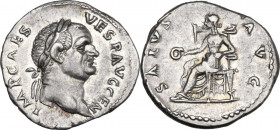 Vespasian (69-79 AD.). AR Denarius, 73 AD. RIC II 67; C. 431. AR. 3.38 g. 19.50 mm. A choice example, struck on a broad flan, brilliant and lightly to...