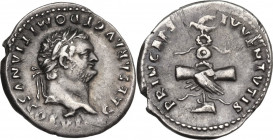 Domitian as Caesar (69-81). AR Denarius, 79 AD. RIC II (Vesp.) 246. AR. 3.01 g. 20.50 mm. A very attractive example. Broad flan, lovely old cabinet to...