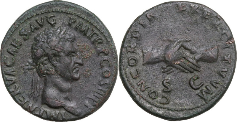 Nerva (96-98). AE As, 97 AD. RIC II 79. AE. 11.19 g. 28.50 mm. Nice deep green p...