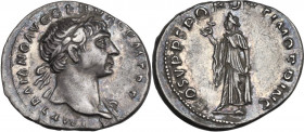 Trajan (98-117). AR Denarius, Rome mint. RIC II 127. AR. 3.20 g. 19.50 mm. A superb example, struck on a broad flan. Impressive portrait and lovely ir...