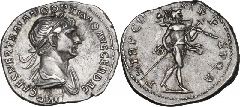 Trajan (98-117). AR Denarius, 114-117 AD. RIC II 337. AR. 3.23 g. 18.50 mm. Supe...