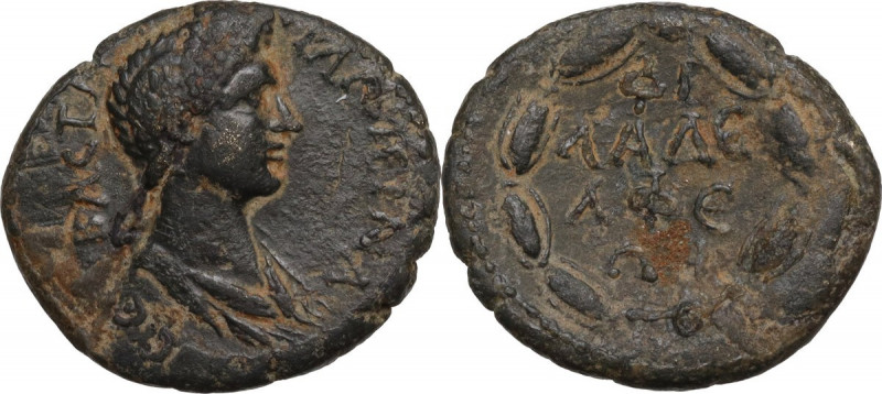 Plotina, wife of Trajan (died 129 AD). AE 20 mm. Philadelphia mint, Lydia. SNG C...