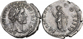 Antoninus Pius (138-161). AR Denarius, ca 159-160. RIC III 298; C. 360. AR. 3.21 g. 18.00 mm. A superb example, prettily toned, with iridescent hues. ...