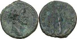 Antoninus Pius (138-161). AE As, 140-144. RIC III 675. AE. 10.28 g. 25.00 mm. Green patina. Fine style portrait. VF.