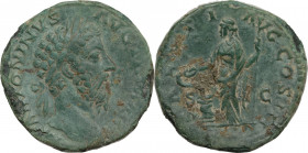 Marcus Aurelius (161-180). AE Sestertius, 168-169 AD. RIC III 964; C. 544. AE. 26.04 g. 31.50 mm. Superb portrait and enchanting light emerald green p...