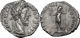 Commodus (177-192). AR Denarius, 184 AD. RIC III 90; C. 460. AR. 2.61 g. 17.50 mm. R. Rare. Brilliant and lightly toned. About EF/Good VF.