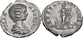 Julia Domna (died 217 AD). AR Denarius, struck under Septimius Severus, 196-211. RIC IV (Sept. Sev.) 577. AR. 3.08 g. 18.00 mm. A choice example, with...