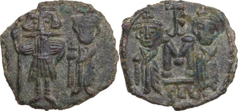 Constans II, with Constantine IV, Heraclius, and Tiberius (641-668). AE Follis, ...