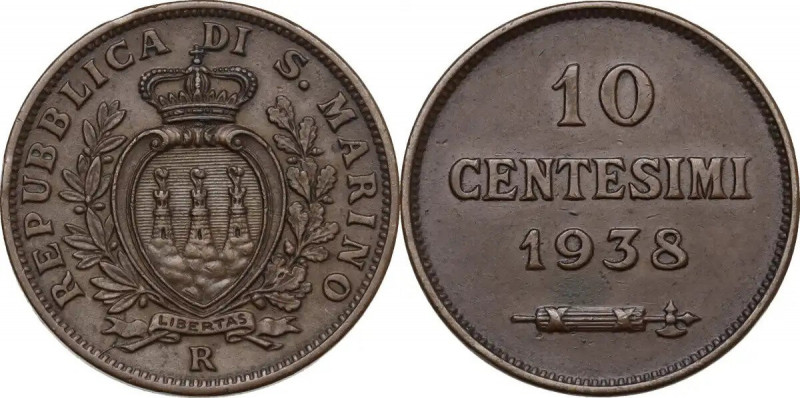 San Marino. 10 Centesimi 1938. Pag. 376; KM 13. AE. 5.40 g. 22.50 mm. SPL.