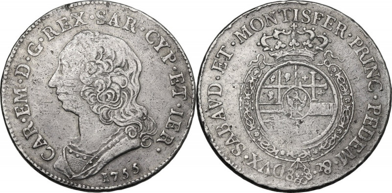 Carlo Emanuele III (1730-1773). Mezzo scudo 1755. MIR (Savoia) 947a; Sim. 34. AG...
