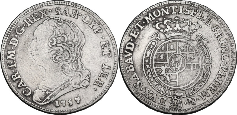 Carlo Emanuele III (1730-1773). Quarto di scudo 1757 (ultima cifra ribattuta). M...