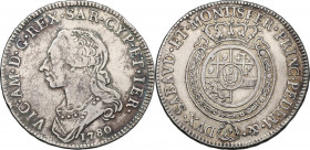 Vittorio Amedeo III (1773-1796). Mezzo Scudo da 3 lire 1780, Torino. MIR (Savoia) 988h; Sim. 10. AG. 17.38 g. 38.50 mm. RR. qBB/BB.