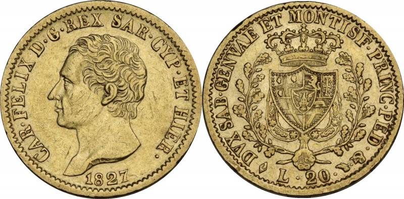 Carlo Felice (1821-1831). 20 Lire 1827 T. Pag. 54; Mont. 39. AU. 21.00 mm. Segne...