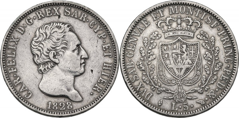 Carlo Felice (1821-1831). 5 lire 1828 G. Pag. 74; Mont. 66. AG. 37.00 mm. BB.