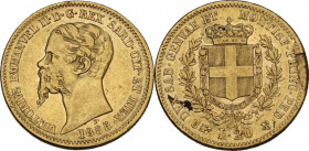 Vittorio Emanuele II Re di Sardegna (1849-1861). 20 lire 1855 T. Pag. 347; Mont. 12. AU. 21.50 mm. R. Difetto da conio al rovescio. BB.