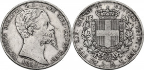 Vittorio Emanuele II Re di Sardegna (1849-1861). 5 lire 1850 G. Pag. 370; Mont. 41. AG. 37.00 mm. R. qBB.