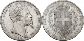 Vittorio Emanuele II Re di Sardegna (1849-1861). 5 lire 1859 G. Pag. 387; Mont. 59. AG. 37.00 mm. R. qBB.
