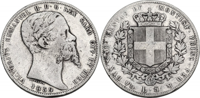 Vittorio Emanuele II Re di Sardegna (1849-1861). 5 lire 1859 G. Pag. 387; Mont. ...