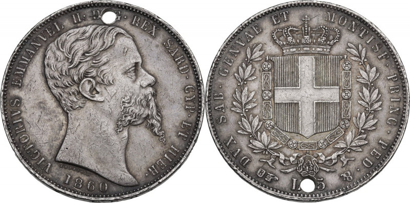 Vittorio Emanuele II Re di Sardegna (1849-1861). 5 lire 1860 T. Pag. 389; Mont. ...