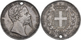 Vittorio Emanuele II Re di Sardegna (1849-1861). 5 lire 1860 T. Pag. 389; Mont. 60. AG. 37.00 mm. RR. Segnetti al diritto. Foro. BB.