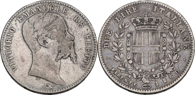 Vittorio Emanuele II Re eletto (1859-1861). 2 lire 1860 Firenze. Pag. 436; Mont....