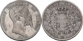 Vittorio Emanuele II Re eletto (1859-1861). 2 lire 1860 Firenze. Pag. 436; Mont. 112. AG. 27.00 mm. R. MB+/qBB.