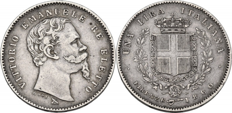 Vittorio Emanuele II Re eletto (1859-1861). Lira 1860 Firenze, mano con scettro....
