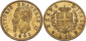 Vittorio Emanuele II Re d'Italia (1861-1878). 10 lire 1863 T. Pag. 477a; Mont. 19. AU. 3.20 g. 19.00 mm. MB+.